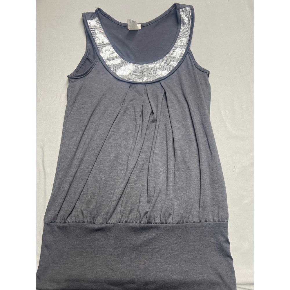 Studio Y Womens Charcoal Gray Sequin Neck Pleated Banded Hem Tunic Top Small